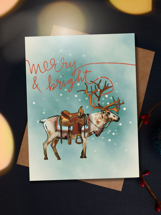 Merry & Bright Reindeer Saddle Western Holiday Christmas Card