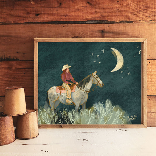 Reach for the Moon Cowgirl Western Horse Art Print