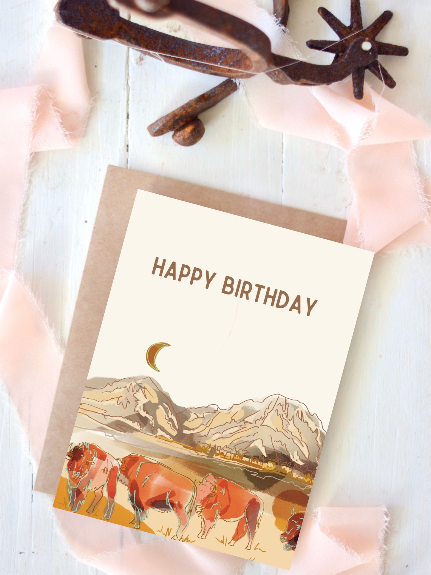 Moon Rise Bison Prairie Happy Birthday Card