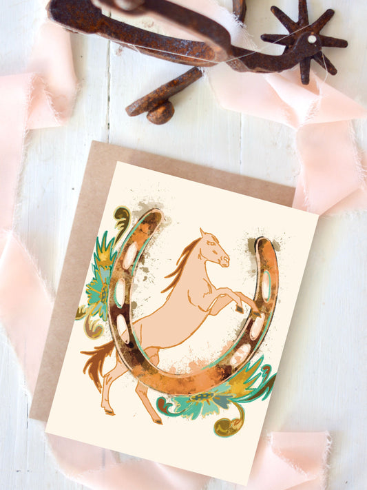 Bucking Mustang Horseshoe Blank Greeting Card for Everyday