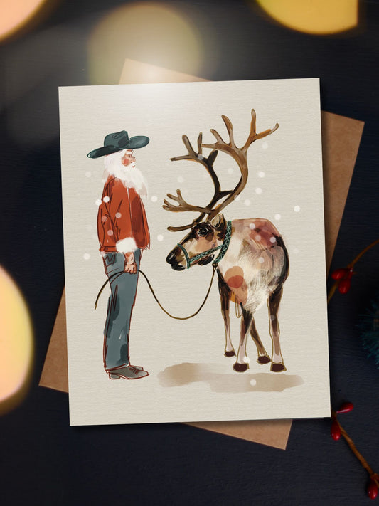 Santa And His Reindeer Western Holiday Christmas Card