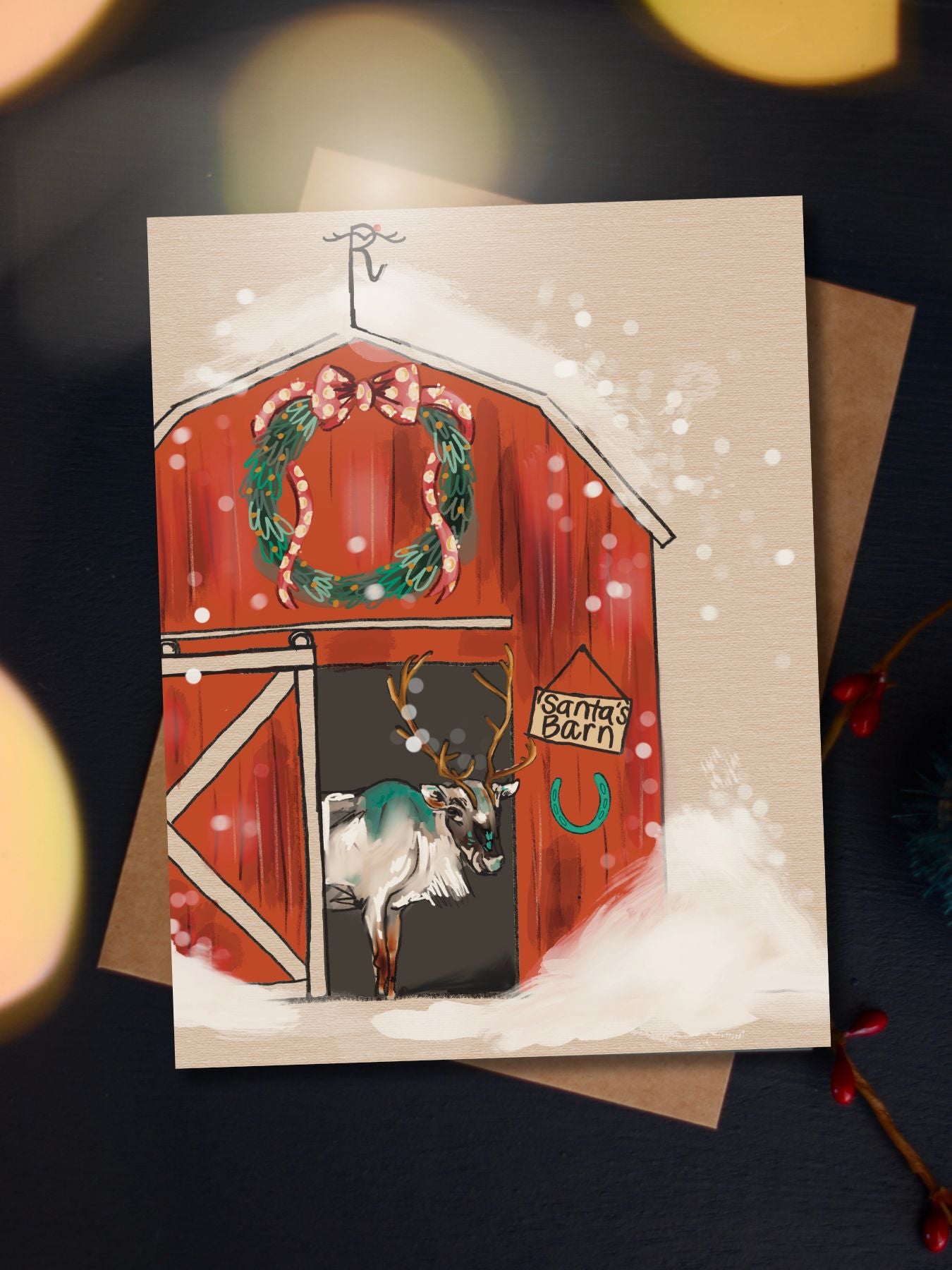 Festive Reindeer Barn Western Holiday Christmas Card