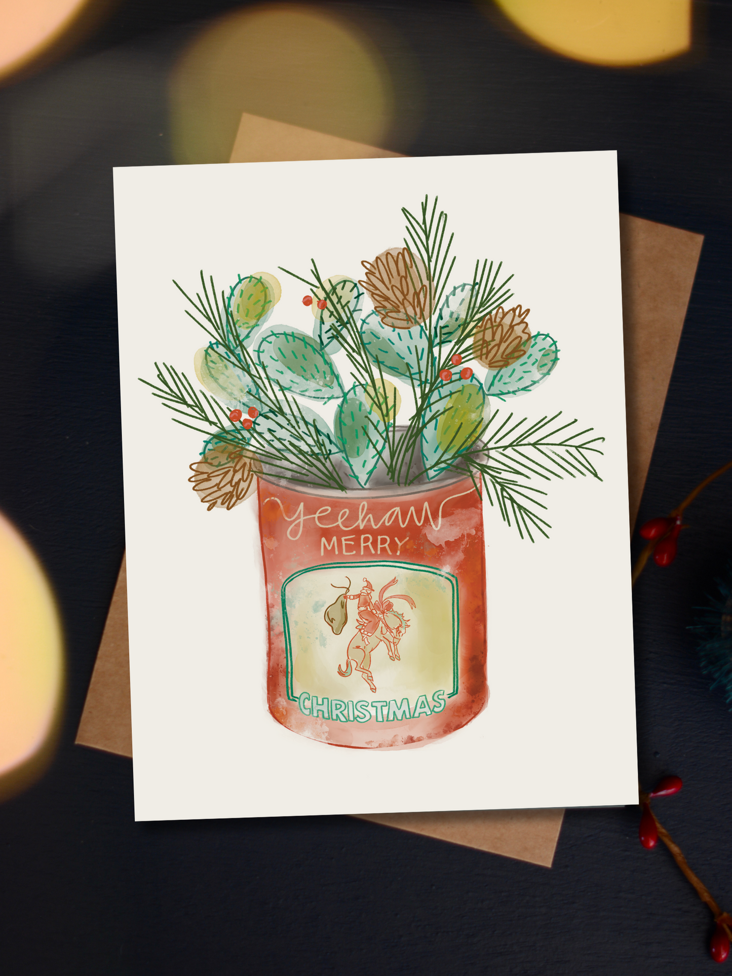 Cactus Christmas Bouquet Tin Vase Western Card