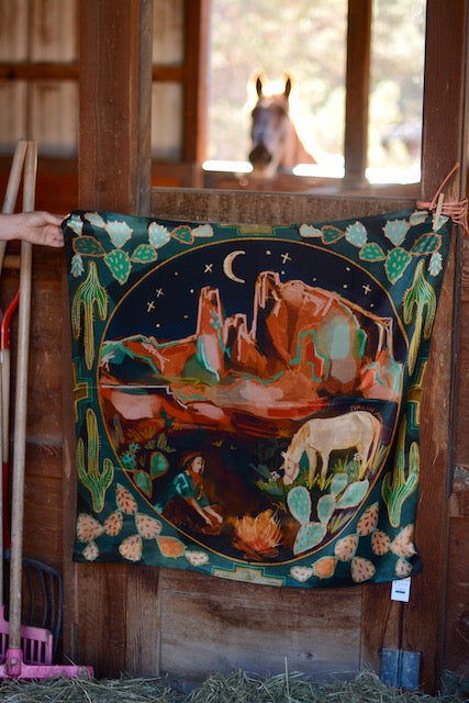 Desert Nights: 35x35 Western Mulberry Silk Wild Rag Cowgirl Horse and Cactus