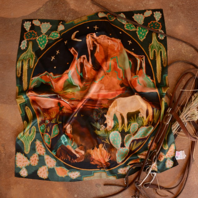 Desert Nights: 35x35 Western Mulberry Silk Wild Rag Cowgirl Horse and Cactus