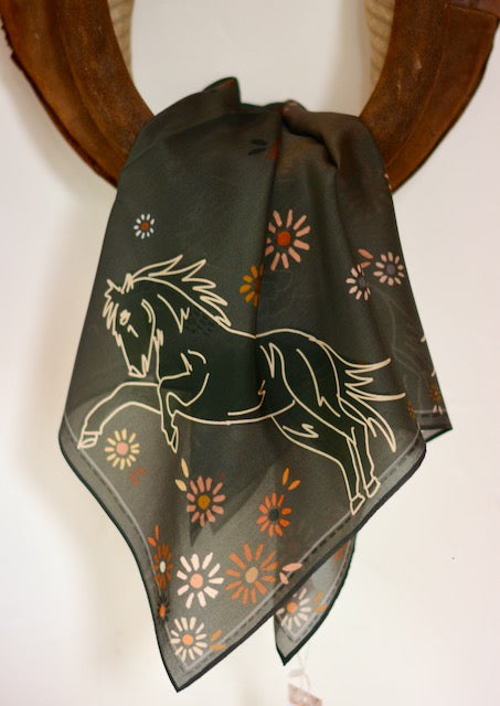 Floral Daisy Charcoal Bucking Mustang Silk Wildrag Scarf