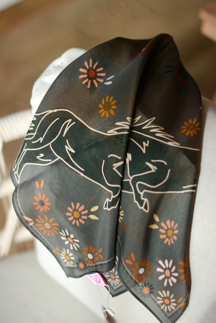 Floral Daisy Charcoal Bucking Mustang Silk Wildrag Scarf