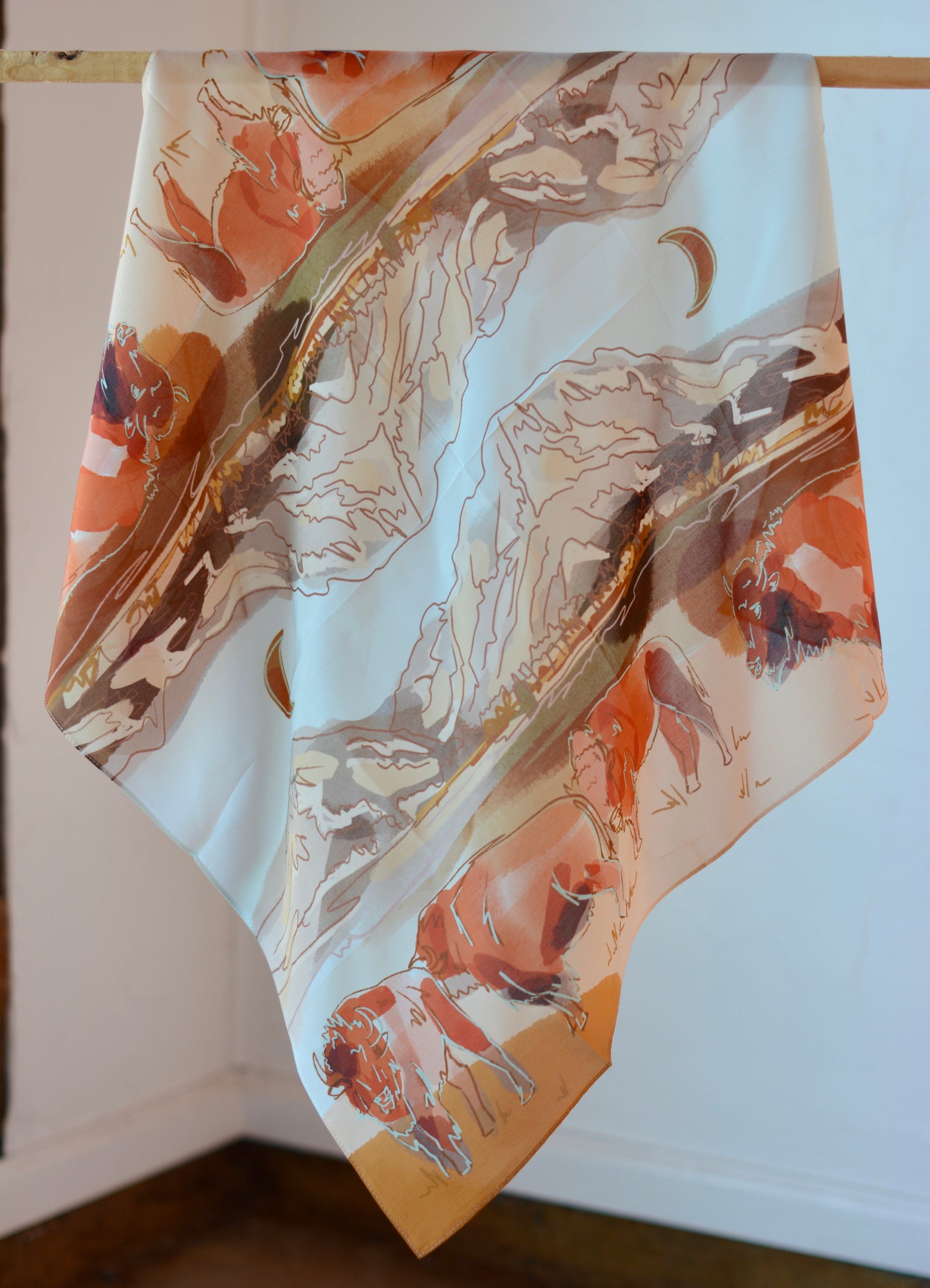 Bison and Mountain Range Western Buffalo Silk Wildrag Scarf