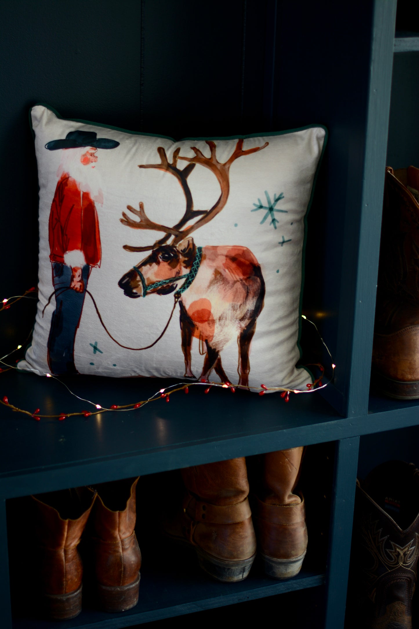 Santa’s Ranch Western Blue Horseshoe and Reindeer Velvet Double Sided Pillow Case