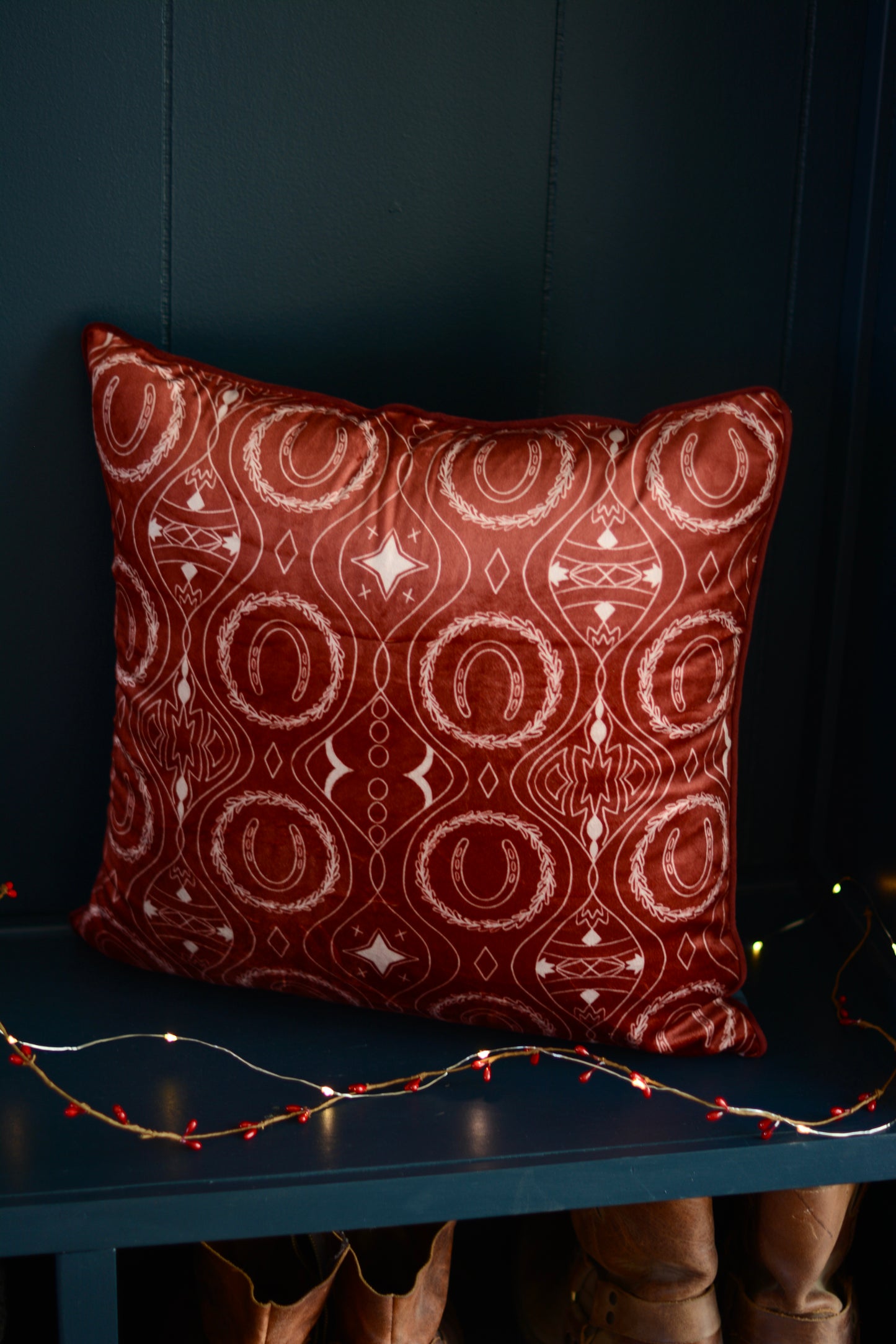 Santa’s Ranch Western Red Horseshoe and Reindeer Velvet Double Sided Pillow Case