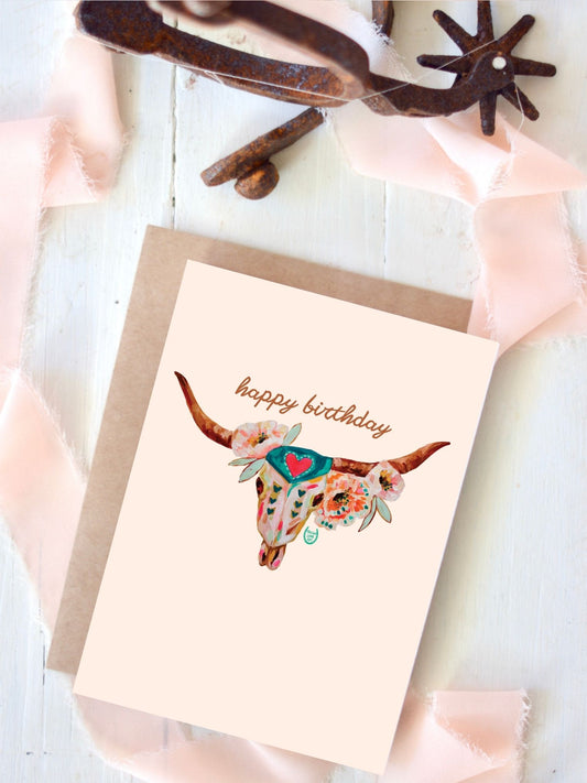 Western Cowgirl Steer Skull Floral Birthday Card